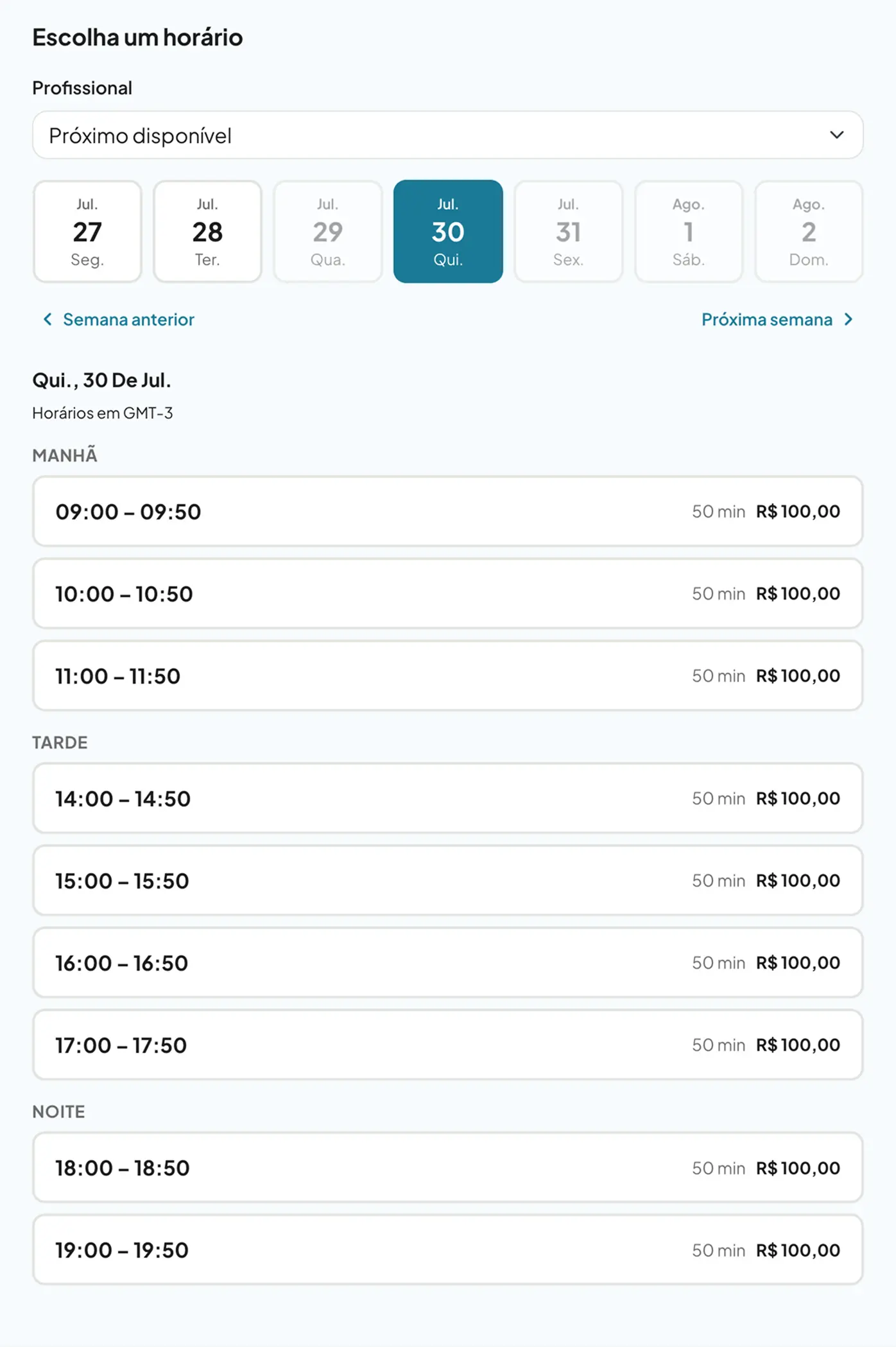 El flujo de reserva en la página de un profesional: elegí profesional, día y horario.